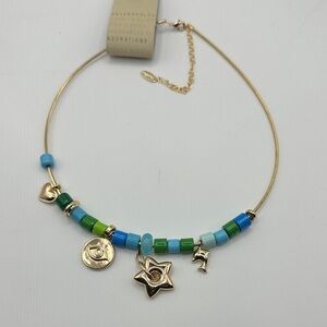 Anthropologie Adorations Blue and Green Beaded Necklace with Gold Charms